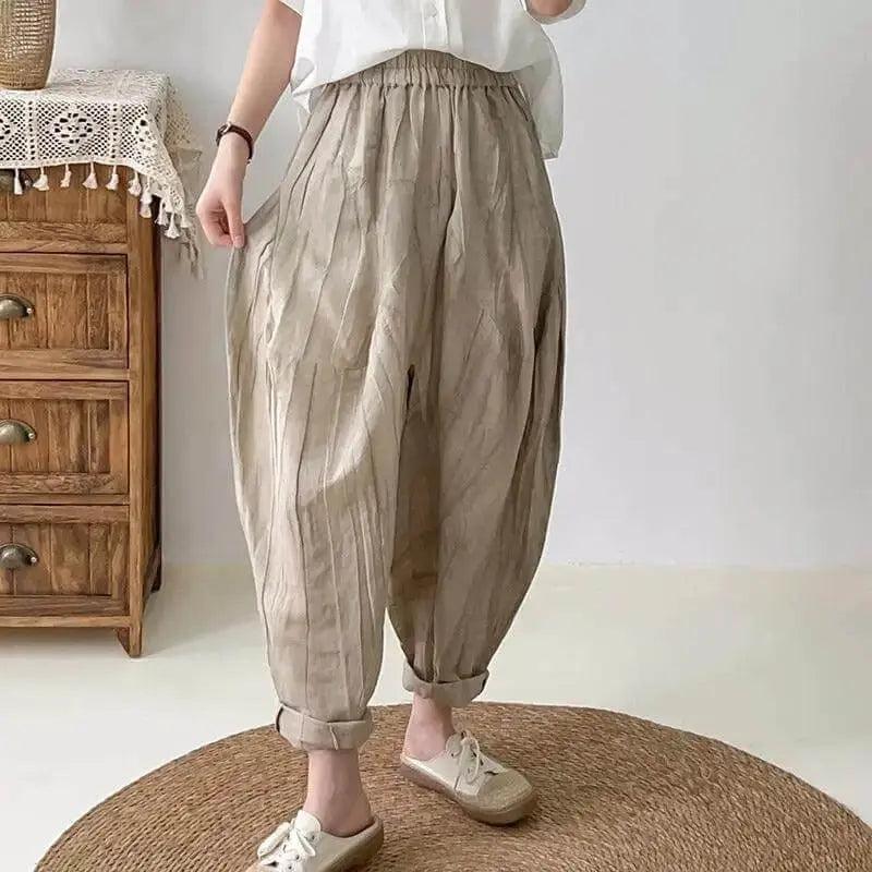 Women's Loose Fit Pants - Elastic Waist Linen Harem Pants with Pockets-Women's pants-Thebesttailor-One size-Khaki-Thebesttailor