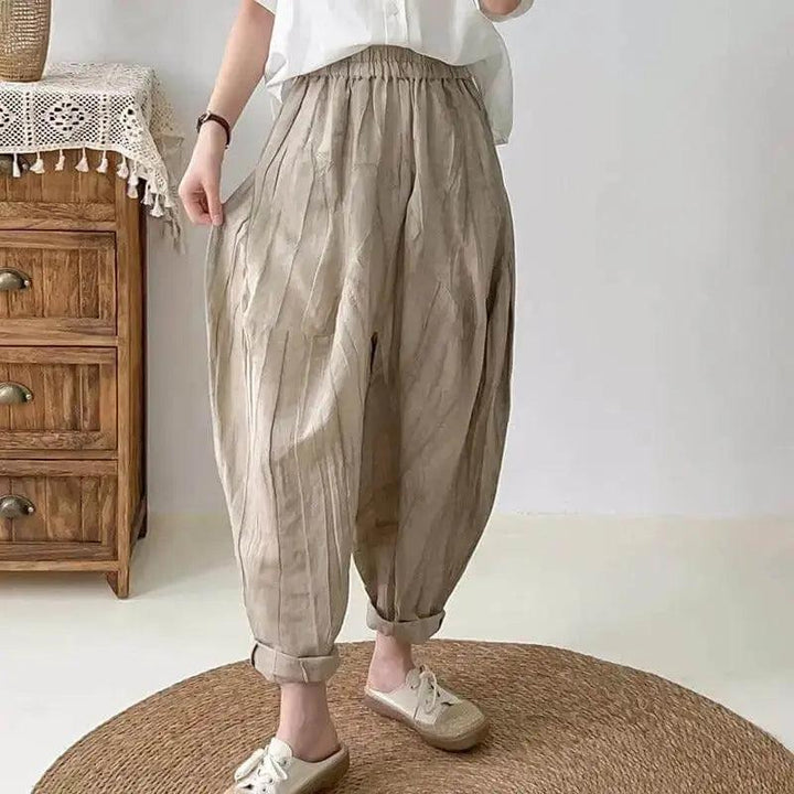 Women's Loose Fit Pants - Elastic Waist Linen Harem Pants with Pockets-Women's pants-Thebesttailor-One size-Khaki-Thebesttailor