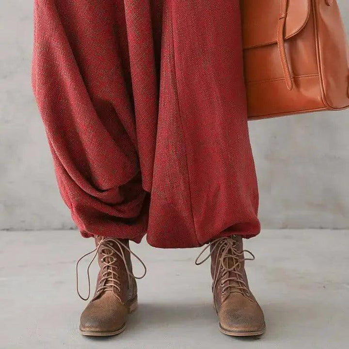 Bohemian Red Linen High Waisted Drop Baggy Harem Pants-Women's pants-Thebesttailor-Thebesttailor