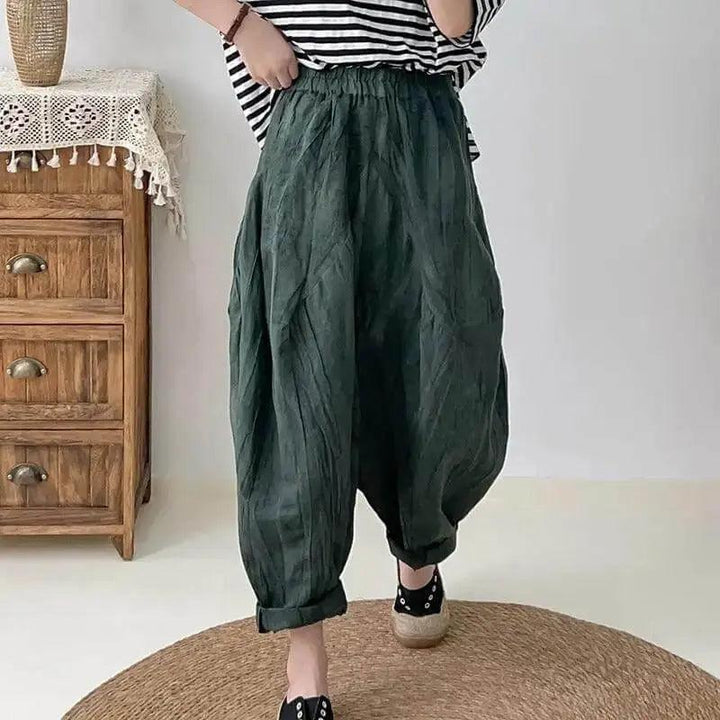 Women's Loose Fit Pants - Elastic Waist Linen Harem Pants with Pockets-Women's pants-Thebesttailor-Thebesttailor