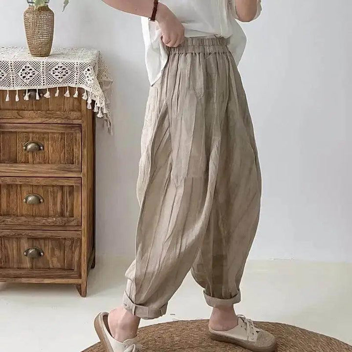 Women's Loose Fit Pants - Elastic Waist Linen Harem Pants with Pockets-Women's pants-Thebesttailor-Thebesttailor