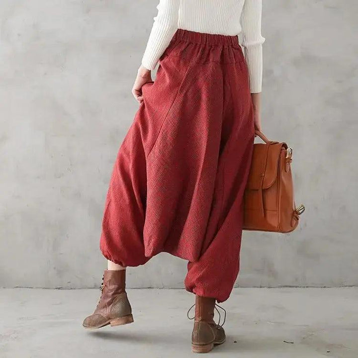 Bohemian Red Linen High Waisted Drop Baggy Harem Pants-Women's pants-Thebesttailor-Thebesttailor