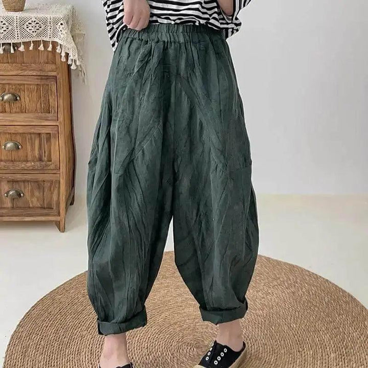 Women's Loose Fit Pants - Elastic Waist Linen Harem Pants with Pockets-Women's pants-Thebesttailor-One size-Green-Thebesttailor
