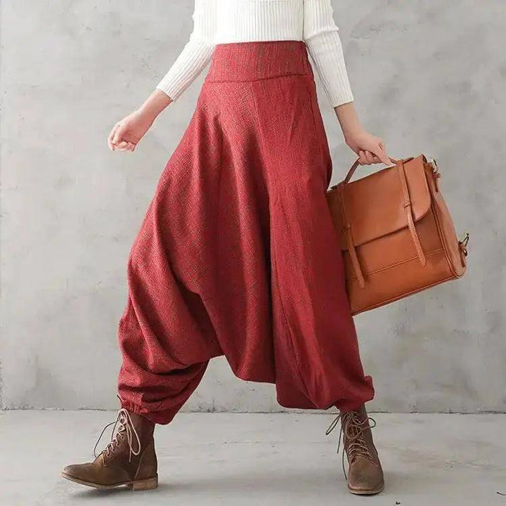 Bohemian Red Linen High Waisted Drop Baggy Harem Pants-Women's pants-Thebesttailor-Thebesttailor