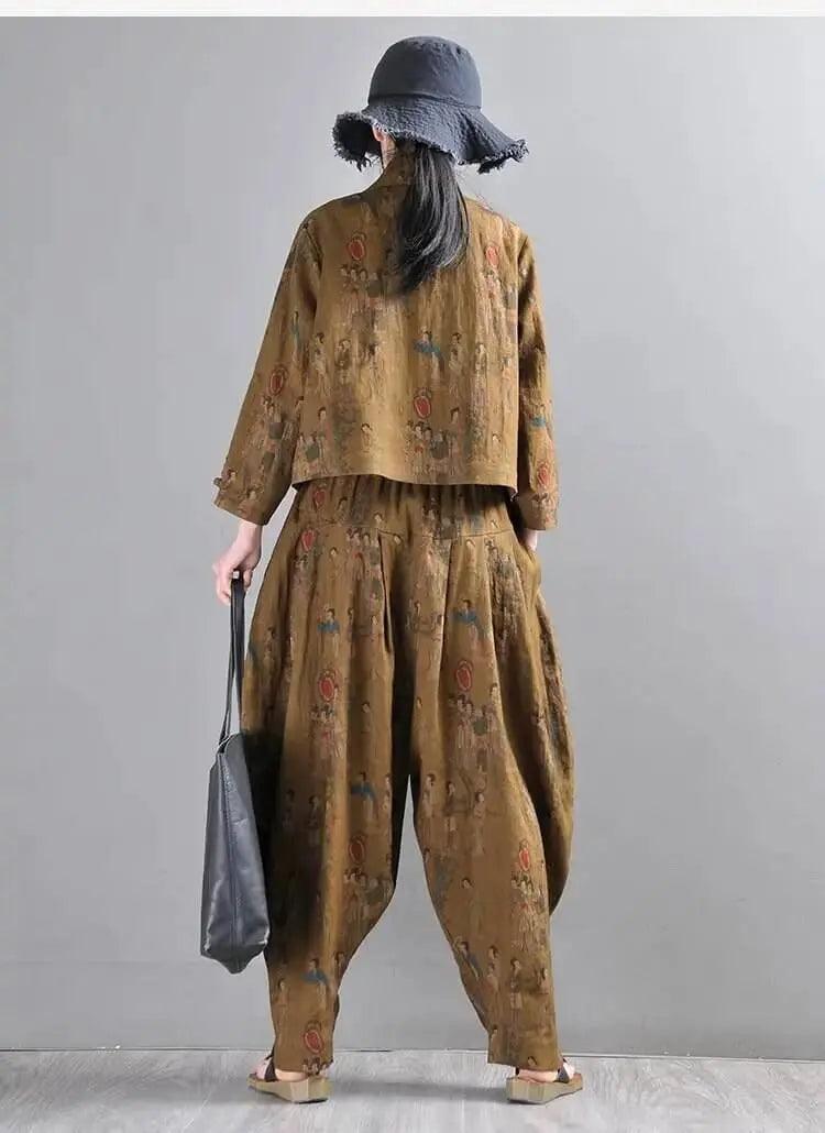 Women Harem Pants Earthy Yellow Linen Harem Pants and Short Jacket Suit-Women's coat-Thebesttailor-Thebesttailor
