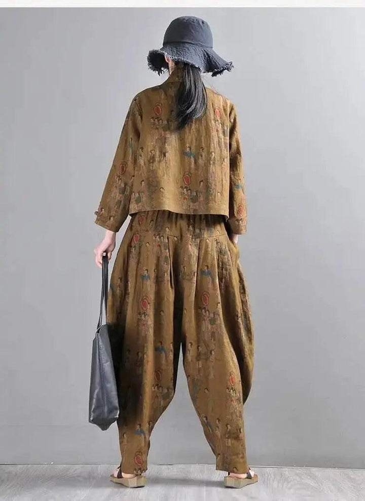 Women Harem Pants Earthy Yellow Linen Harem Pants and Short Jacket Suit-Women's coat-Thebesttailor-Thebesttailor