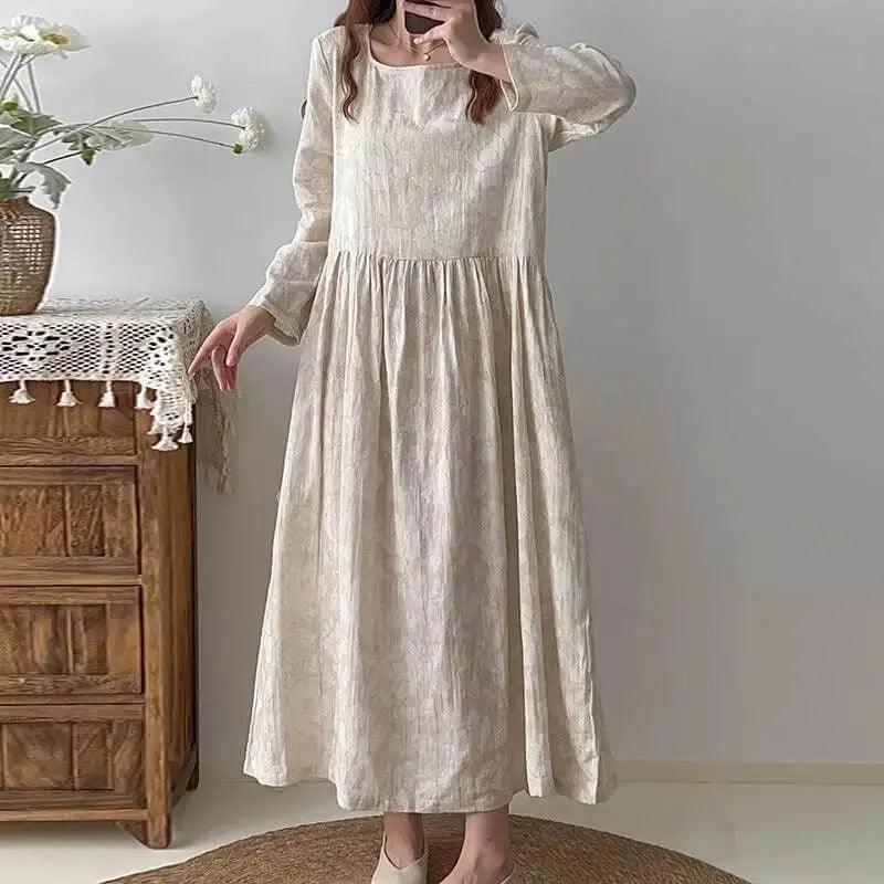 Textured Linen Maxi Party Dress for Women with Long Sleeves-Women's dress-Thebesttailor-One size-off-white-Linen-Thebesttailor