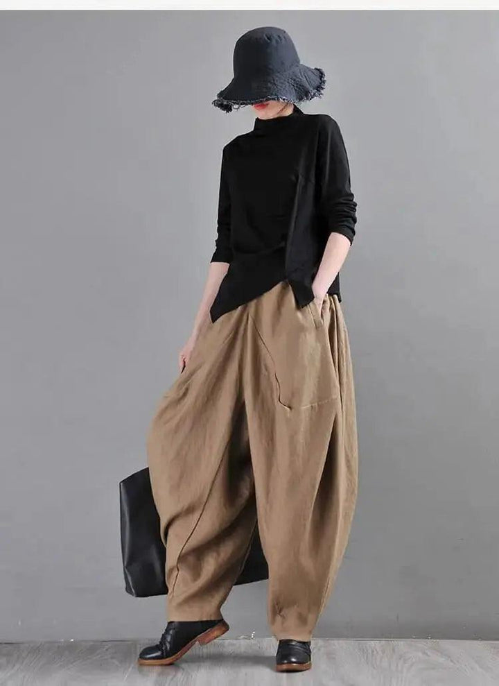 Chic Linen Harem Pants: Stylish Wide Leg Trousers for Women-Women's pants-Thebesttailor-One size-Khaki-Linen-Thebesttailor
