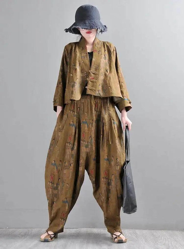 Women Harem Pants Earthy Yellow Linen Harem Pants and Short Jacket Suit-Women's coat-Thebesttailor-Thebesttailor
