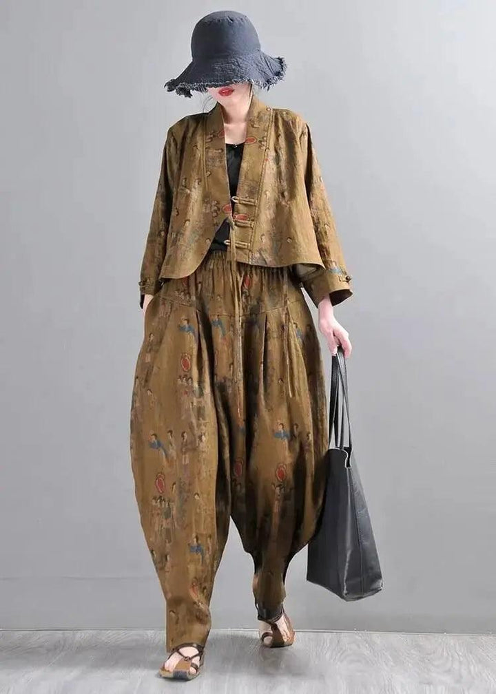 Women Harem Pants Earthy Yellow Linen Harem Pants and Short Jacket Suit-Women's coat-Thebesttailor-Thebesttailor