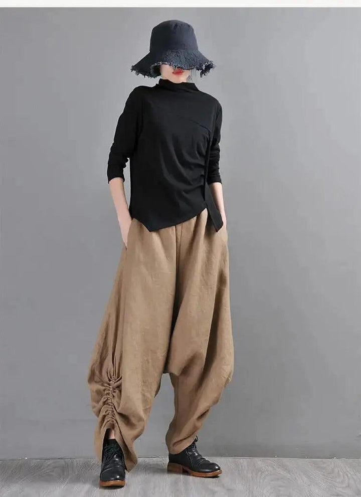 Summer Linen Pants Drop Crotch Baggy Harem Pants for Stylish Women-Women's pants-Thebesttailor-One size-Khaki-Linen-Thebesttailor