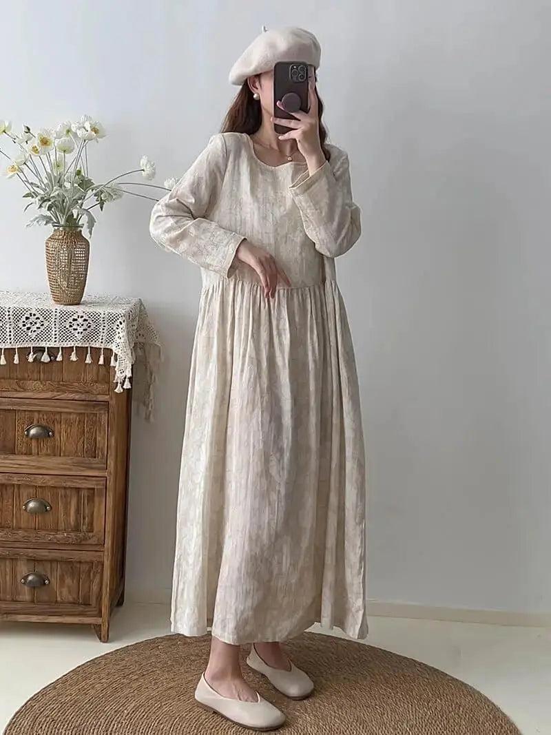 Textured Linen Maxi Party Dress for Women with Long Sleeves-Women's dress-Thebesttailor-Thebesttailor