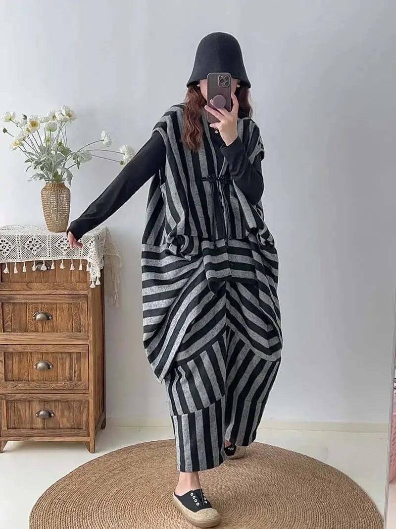 women's set Chic Striped Woolen Vest with Harem Pants Set by Thebesttailor