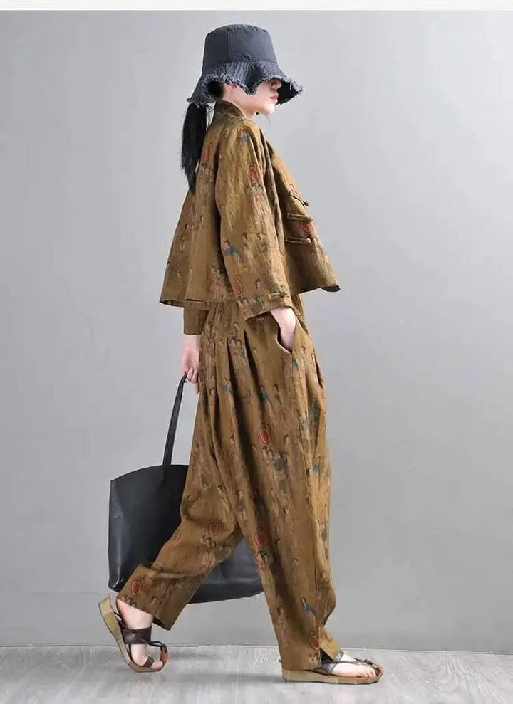 Women Harem Pants Earthy Yellow Linen Harem Pants and Short Jacket Suit-Women's coat-Thebesttailor-Thebesttailor