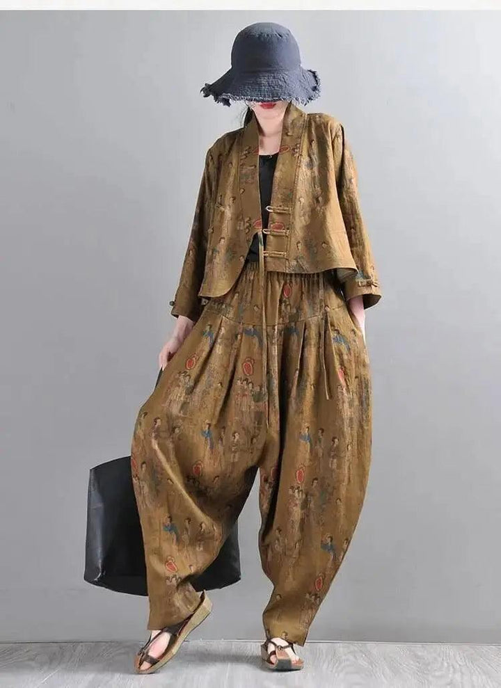 Women Harem Pants Earthy Yellow Linen Harem Pants and Short Jacket Suit-Women's coat-Thebesttailor-Thebesttailor