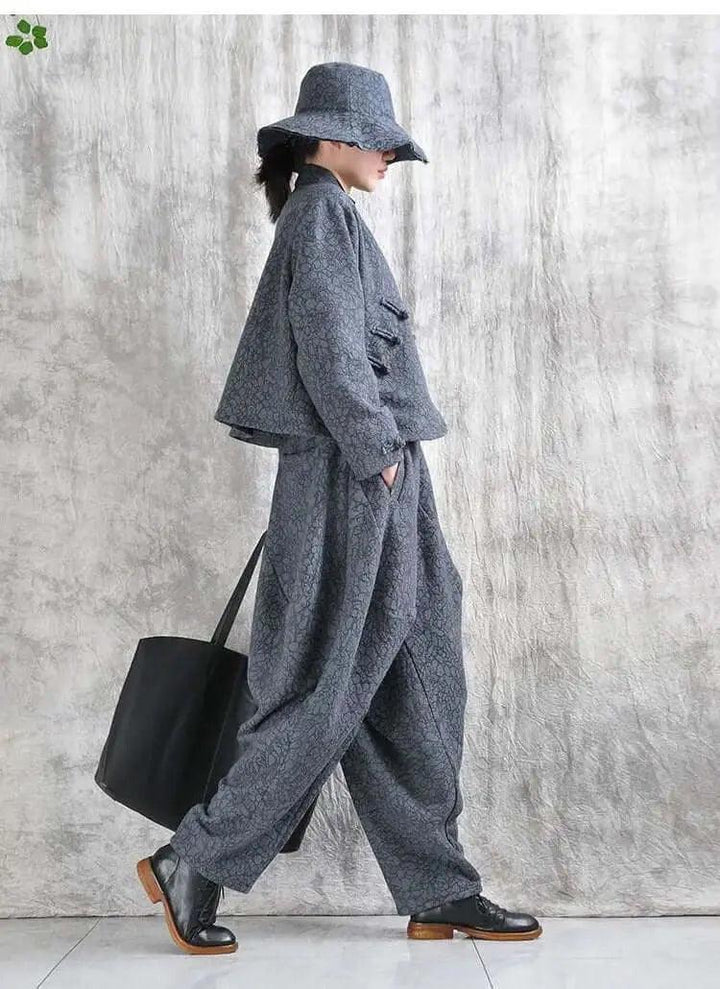 Gray Cotton Harem Pants Daily Short Jacket Suit for Women in Spring and Autumn-Women's coat-Thebesttailor-Thebesttailor