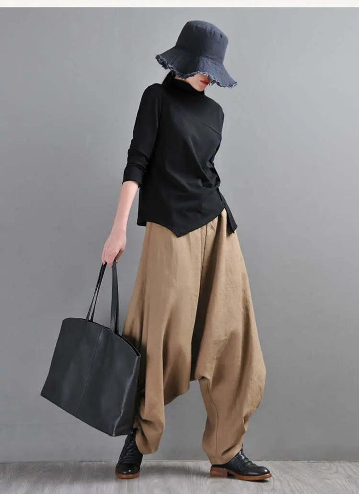 Summer Linen Pants Drop Crotch Baggy Harem Pants for Stylish Women-Women's pants-Thebesttailor-Thebesttailor
