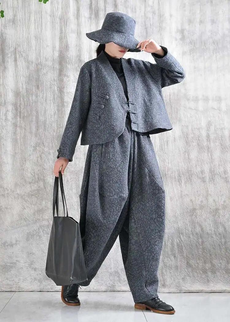 Gray Cotton Harem Pants Daily Short Jacket Suit for Women in Spring and Autumn-Women's coat-Thebesttailor-Thebesttailor