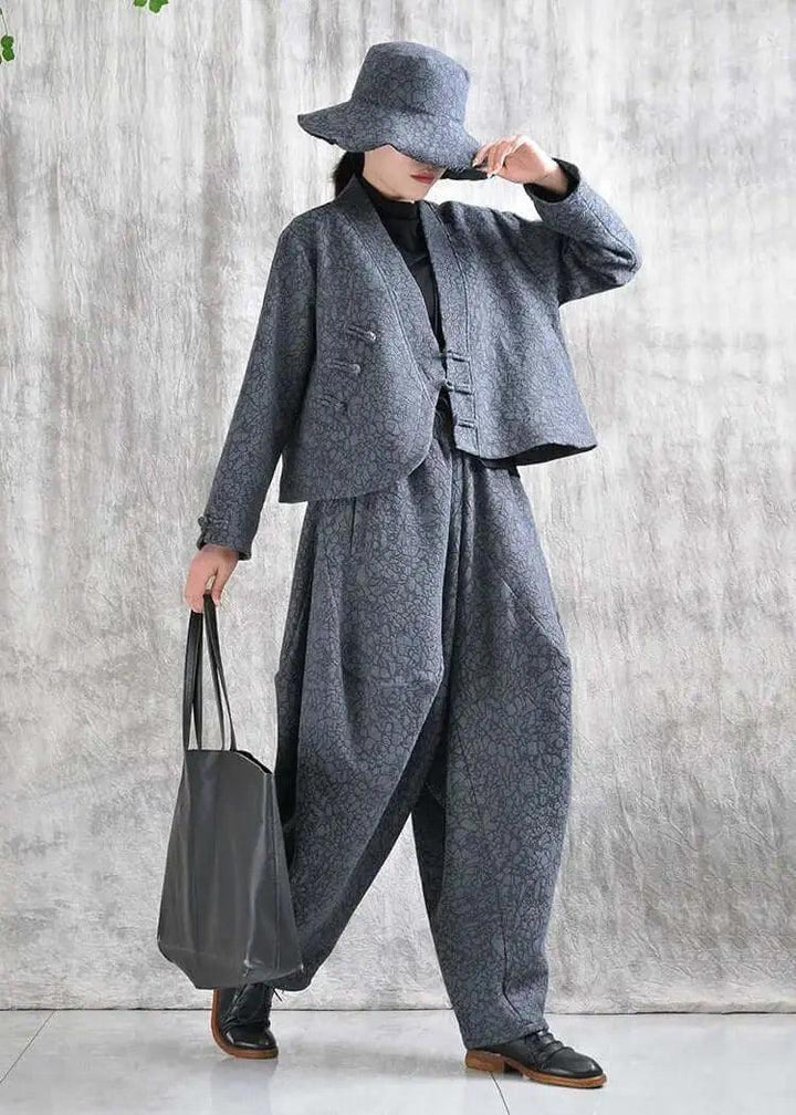 Gray Cotton Harem Pants Daily Short Jacket Suit for Women in Spring and Autumn-Women's coat-Thebesttailor-Thebesttailor