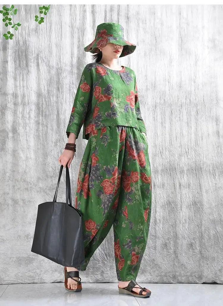 Linen Shirt for Women Green Floral Linen Shirt and Bloomers-Women's Shirt-Thebesttailor-Thebesttailor