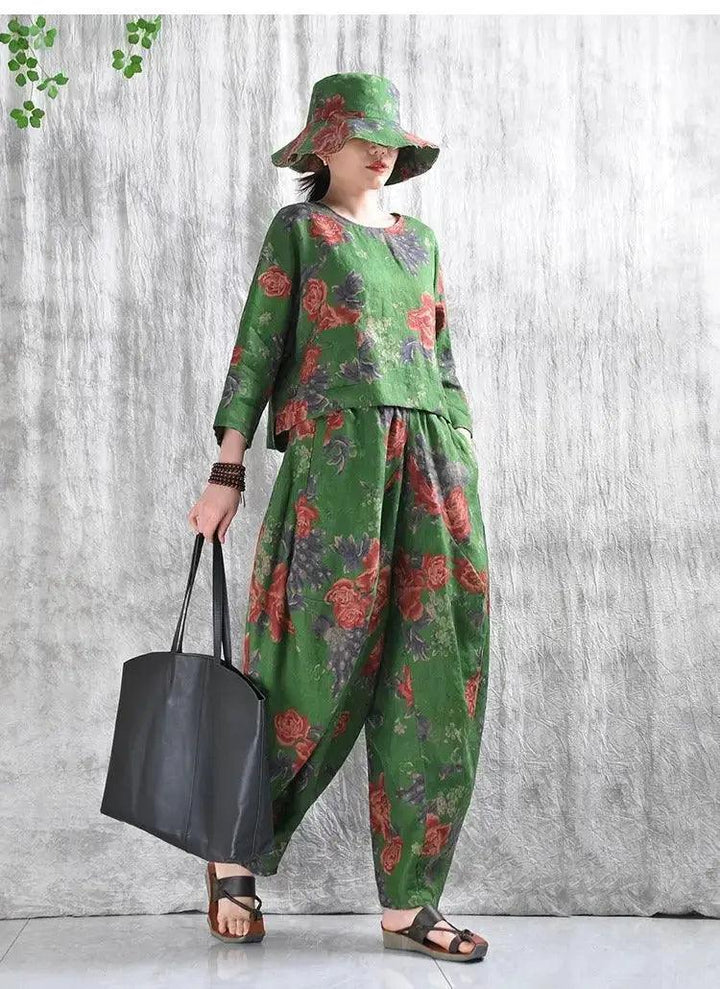 Linen Shirt for Women Green Floral Linen Shirt and Bloomers-Women's Shirt-Thebesttailor-Thebesttailor