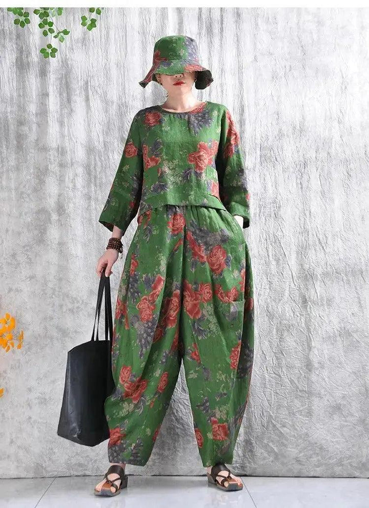 Linen Shirt for Women Green Floral Linen Shirt and Bloomers-Women's Shirt-Thebesttailor-Thebesttailor