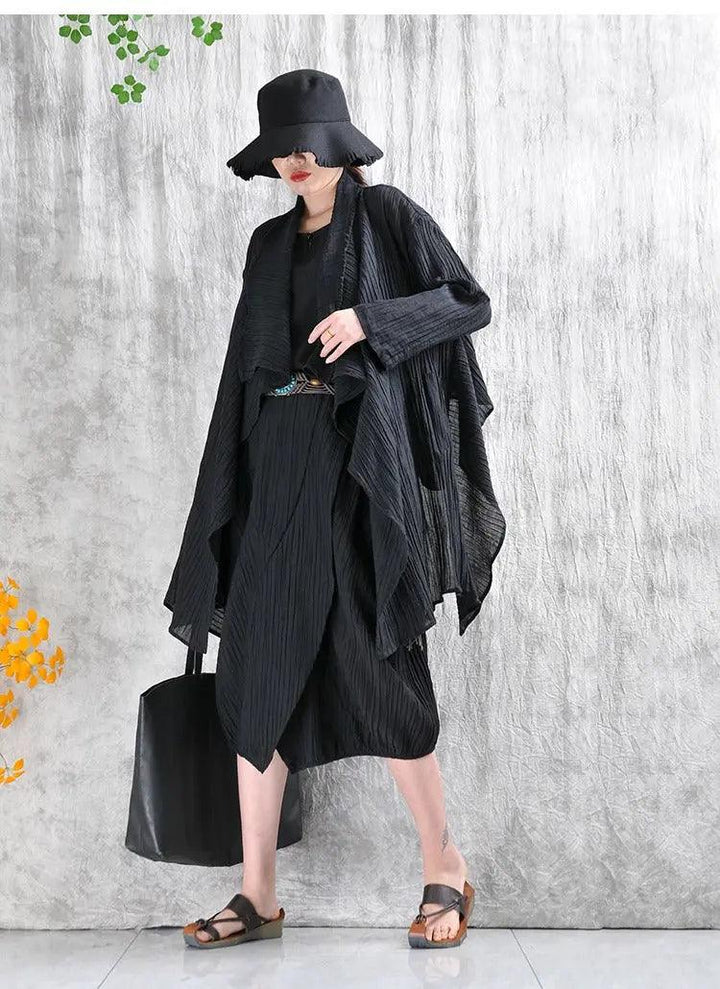 Casual Linen Stand Collar Shirt and Skirt Set for Women-Women's Shirt-Thebesttailor-One size-Black-Linen-Thebesttailor