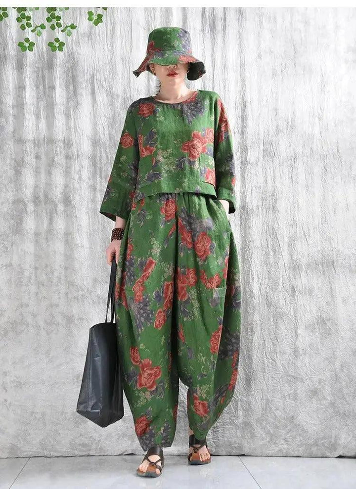 Linen Shirt for Women Green Floral Linen Shirt and Bloomers-Women's Shirt-Thebesttailor-Thebesttailor