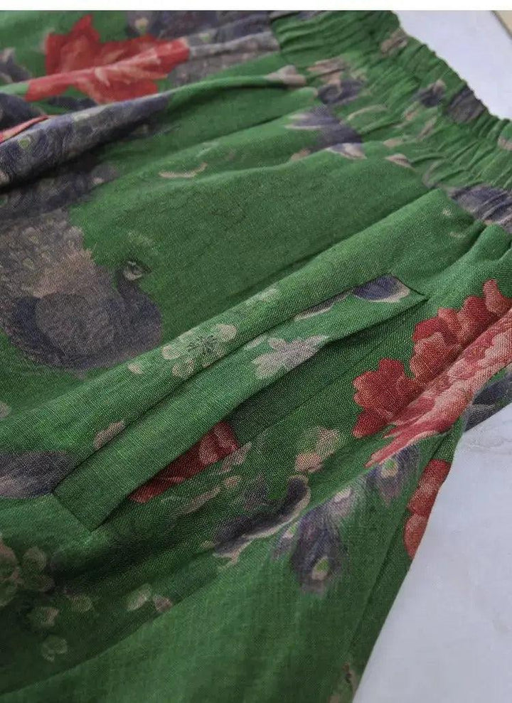 Linen Shirt for Women Green Floral Linen Shirt and Bloomers-Women's Shirt-Thebesttailor-Thebesttailor