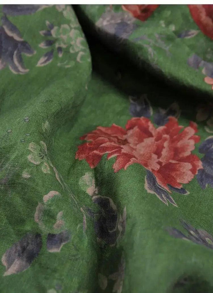 Linen Shirt for Women Green Floral Linen Shirt and Bloomers-Women's Shirt-Thebesttailor-Thebesttailor