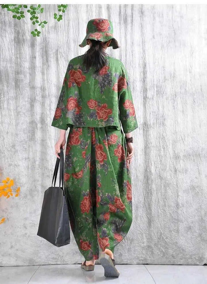 Linen Shirt for Women Green Floral Linen Shirt and Bloomers-Women's Shirt-Thebesttailor-Thebesttailor