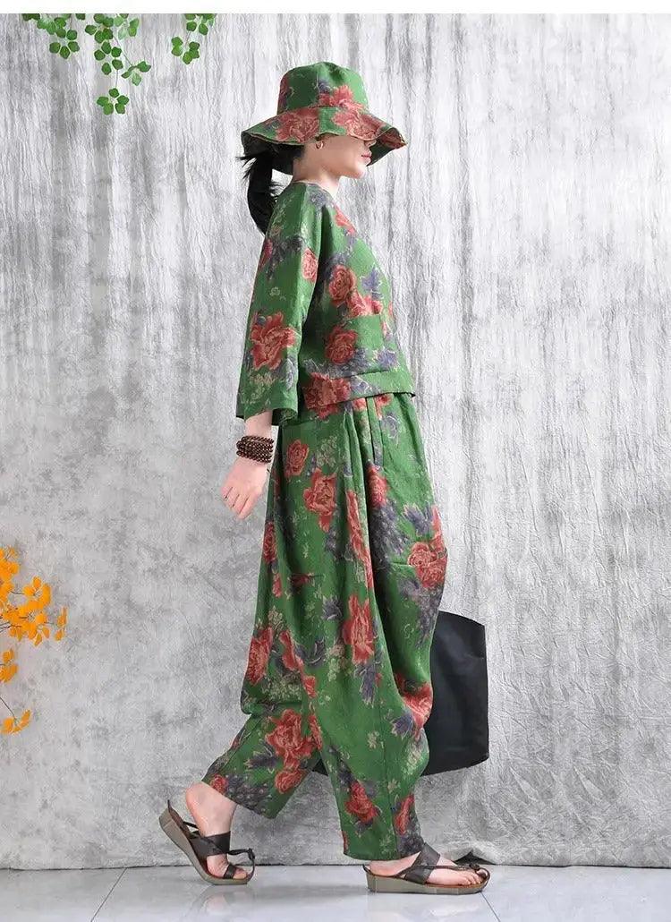 Linen Shirt for Women Green Floral Linen Shirt and Bloomers-Women's Shirt-Thebesttailor-Thebesttailor