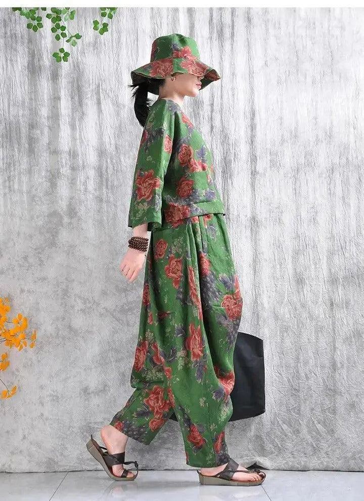 Linen Shirt for Women Green Floral Linen Shirt and Bloomers-Women's Shirt-Thebesttailor-Thebesttailor