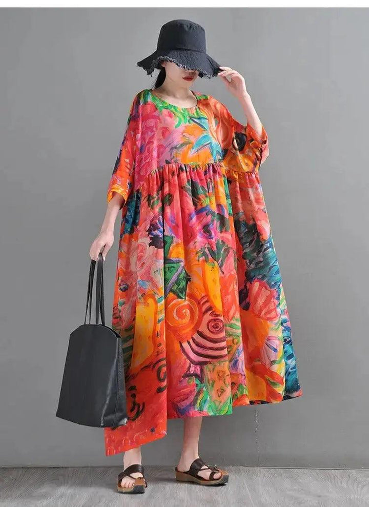 Graffiti Duck Printed Linen Maxi Dress with half sleeves-Women's dress-Thebesttailor-Thebesttailor