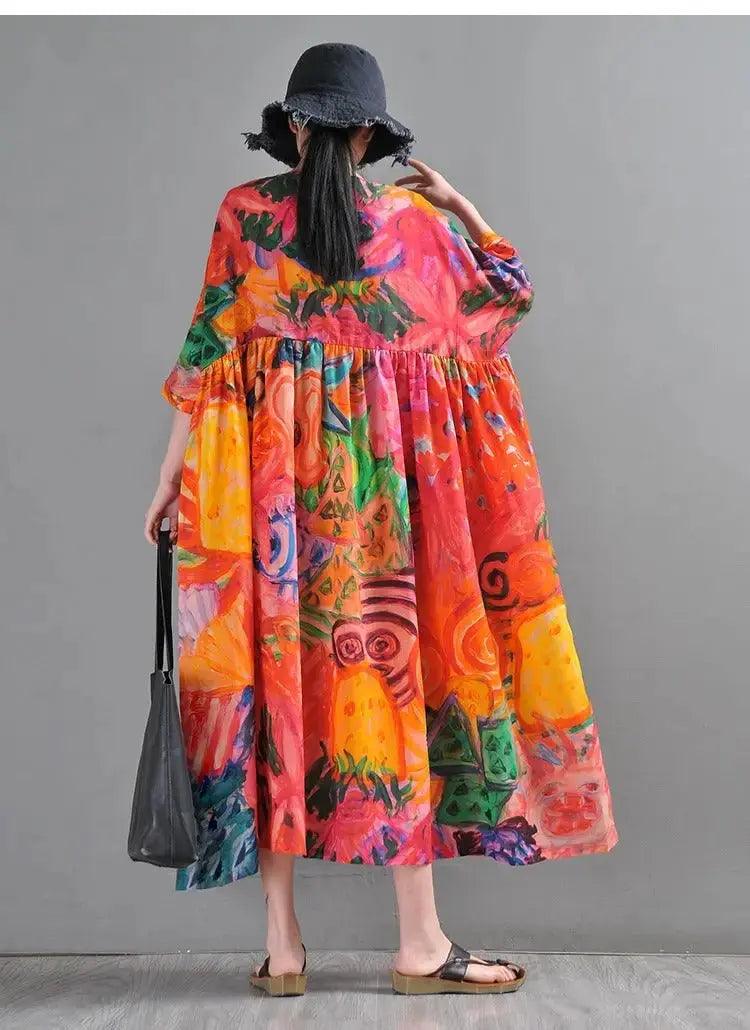 Graffiti Duck Printed Linen Maxi Dress with half sleeves-Women's dress-Thebesttailor-Thebesttailor