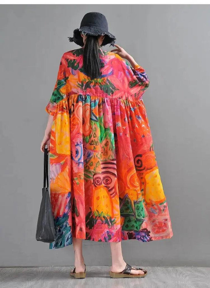Graffiti Duck Printed Linen Maxi Dress with half sleeves-Women's dress-Thebesttailor-Thebesttailor