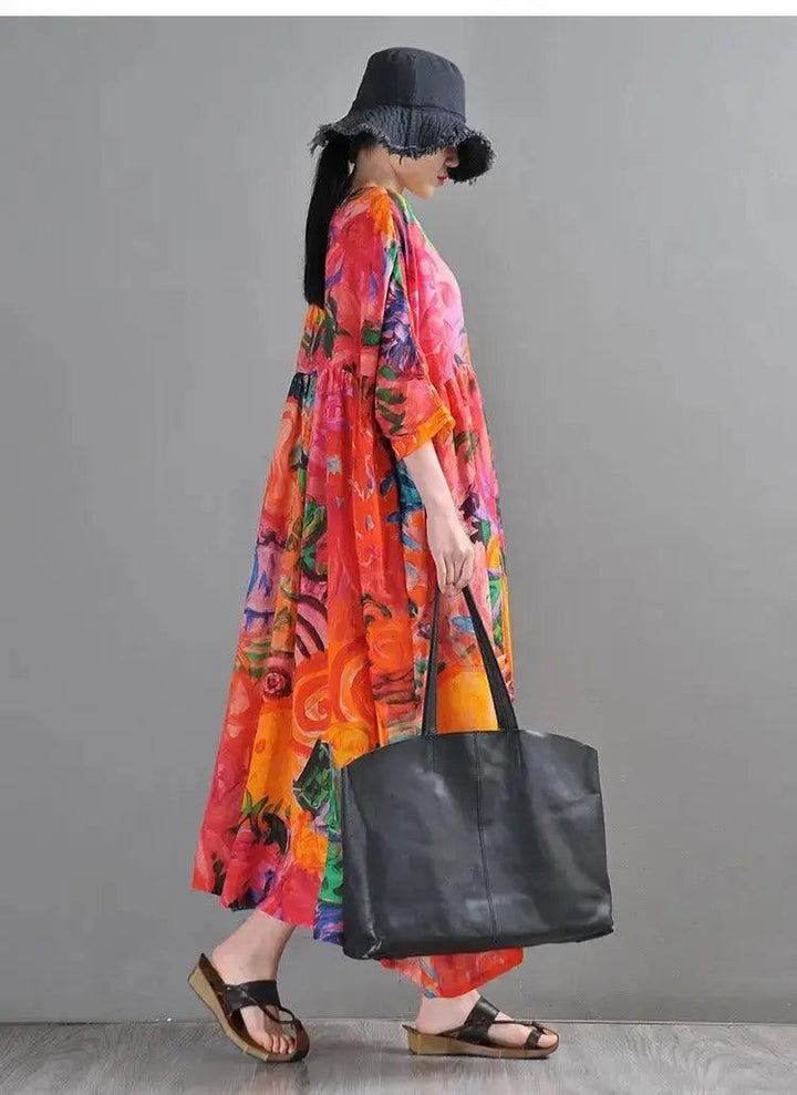 Graffiti Duck Printed Linen Maxi Dress with half sleeves-Women's dress-Thebesttailor-Thebesttailor