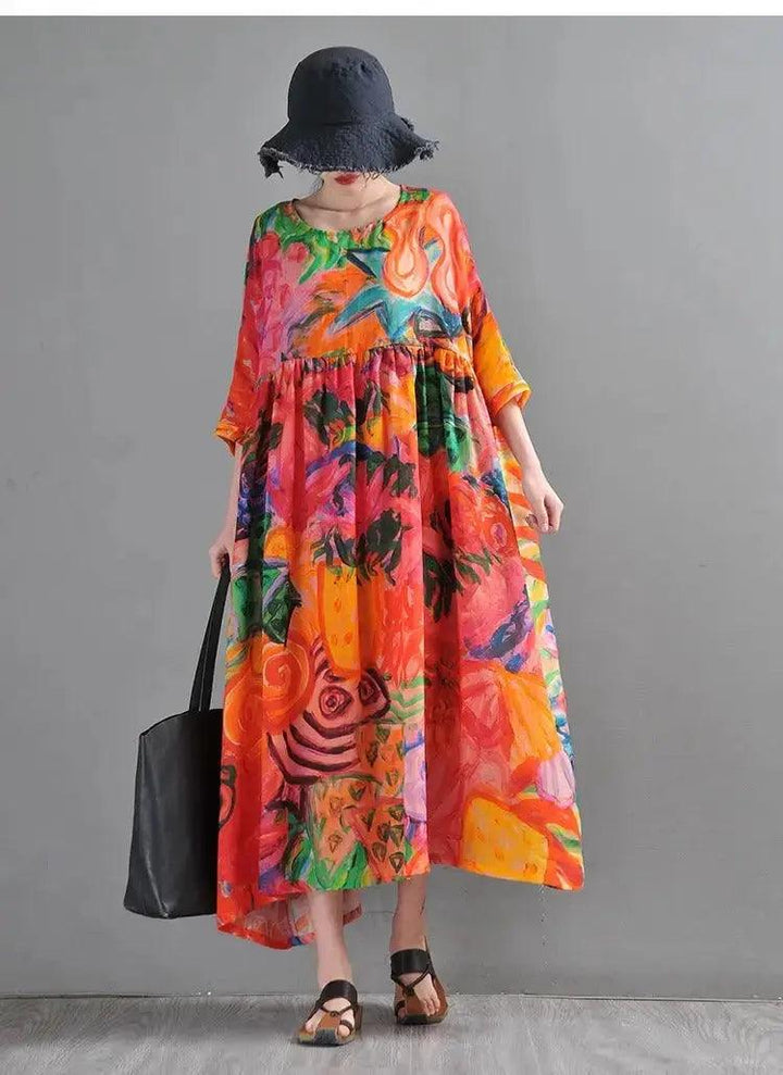 Graffiti Duck Printed Linen Maxi Dress with half sleeves-Women's dress-Thebesttailor-Thebesttailor
