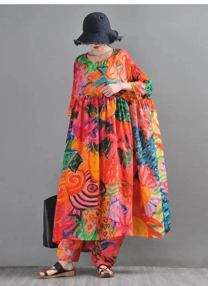 Graffiti Duck Printed Linen Maxi Dress with half sleeves-Women's dress-Thebesttailor-Thebesttailor