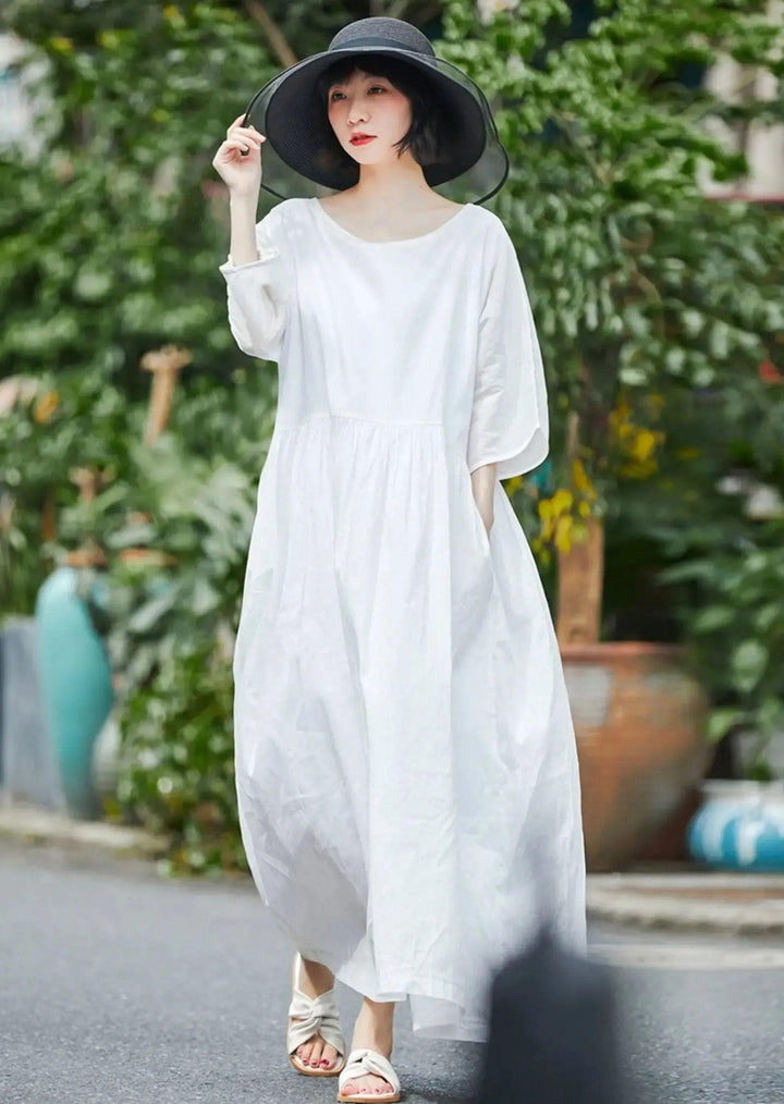 White Linen Summer Dress for Women with 3/4 Sleeves-Women's dress-Thebesttailor-Thebesttailor