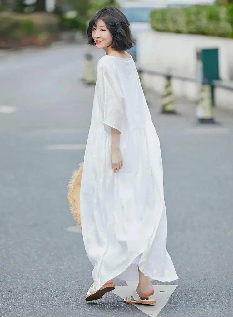 White Linen Summer Dress for Women with 3/4 Sleeves-Women's dress-Thebesttailor-Thebesttailor