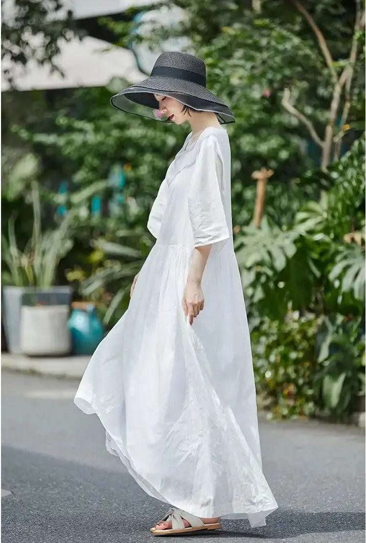 White Linen Summer Dress for Women with 3/4 Sleeves-Women's dress-Thebesttailor-Thebesttailor