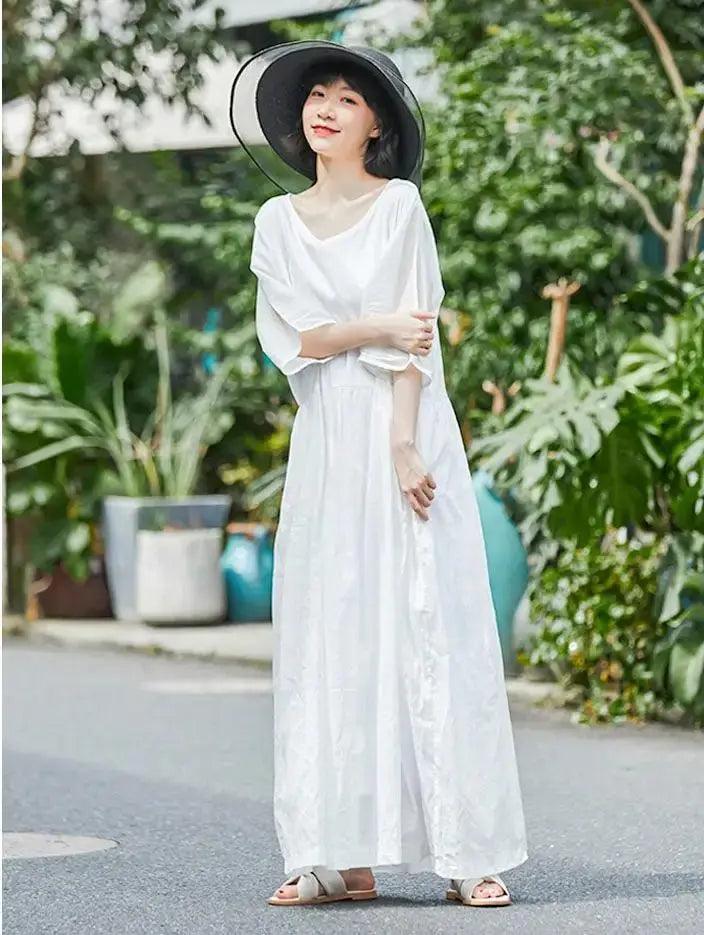 White Linen Summer Dress for Women with 3/4 Sleeves-Women's dress-Thebesttailor-Thebesttailor
