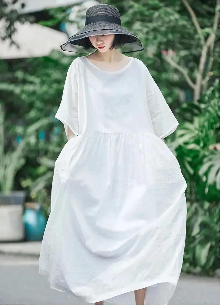 White Linen Summer Dress for Women with 3/4 Sleeves-Women's dress-Thebesttailor-Thebesttailor