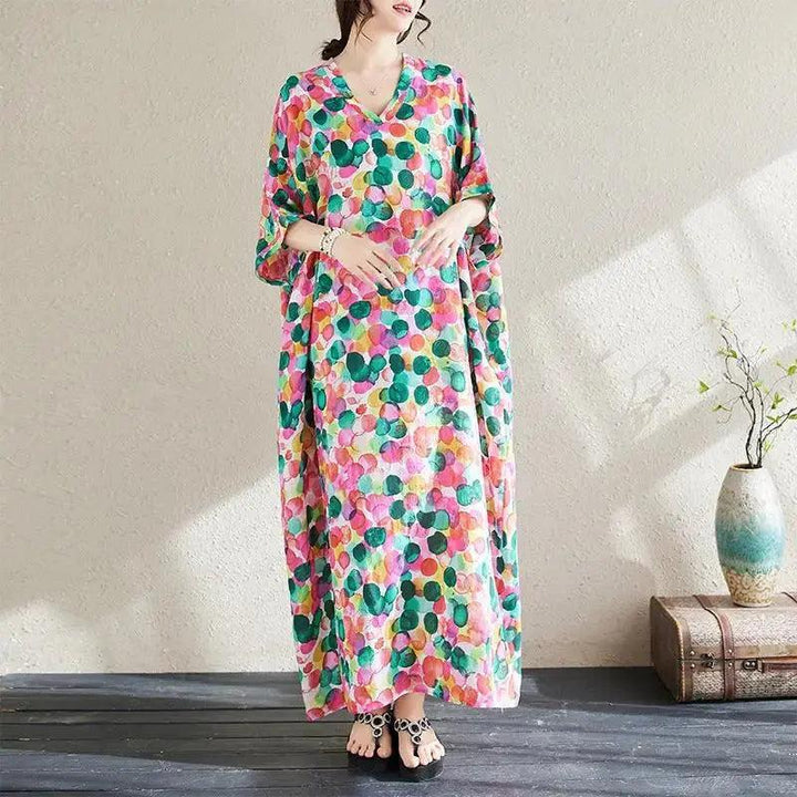 Bohemian Women's Dresses Vintage Printed V-Neck Dresses-Women's dress-Thebesttailor-One size-Red-Cotton-Thebesttailor