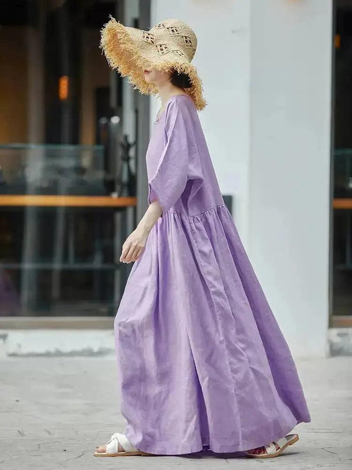 Purple Maxi Dress for Women Purple Linen Dress with Batwing Sleeves-Women's dress-Thebesttailor-Thebesttailor