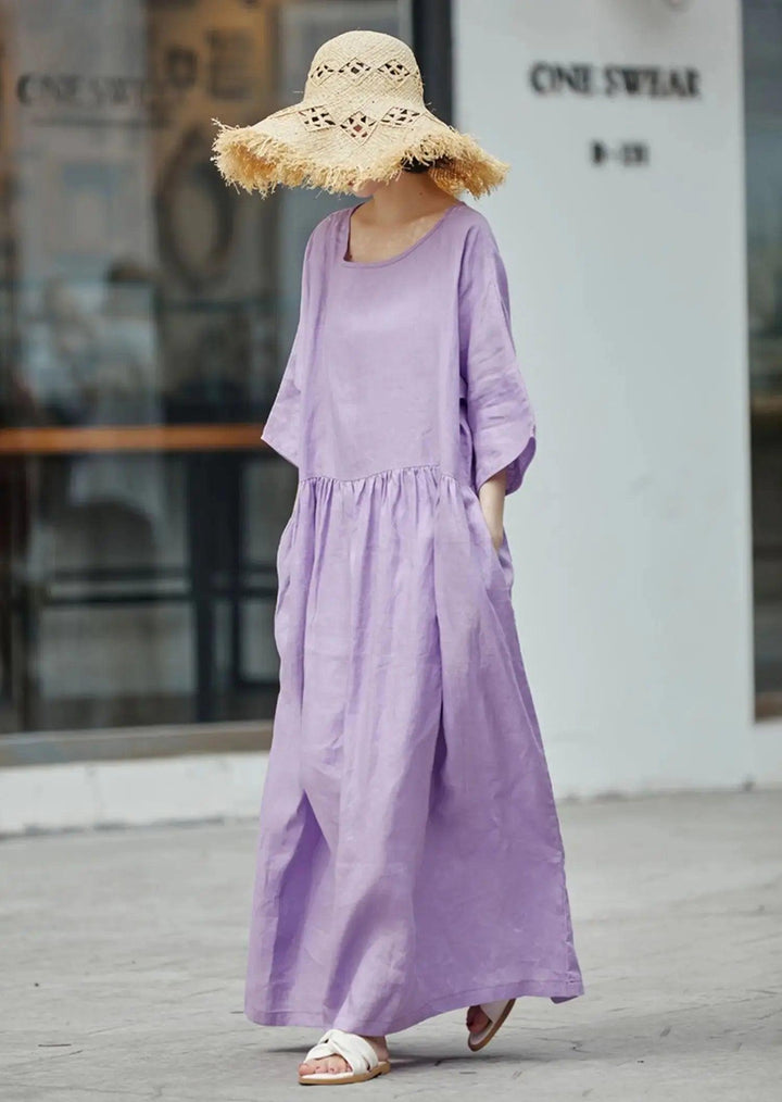 Purple Maxi Dress for Women Purple Linen Dress with Batwing Sleeves-Women's dress-Thebesttailor-Thebesttailor
