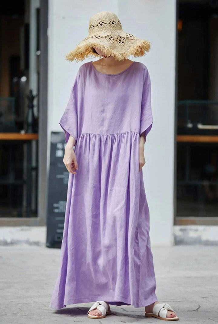 Purple Maxi Dress for Women Purple Linen Dress with Batwing Sleeves-Women's dress-Thebesttailor-Thebesttailor