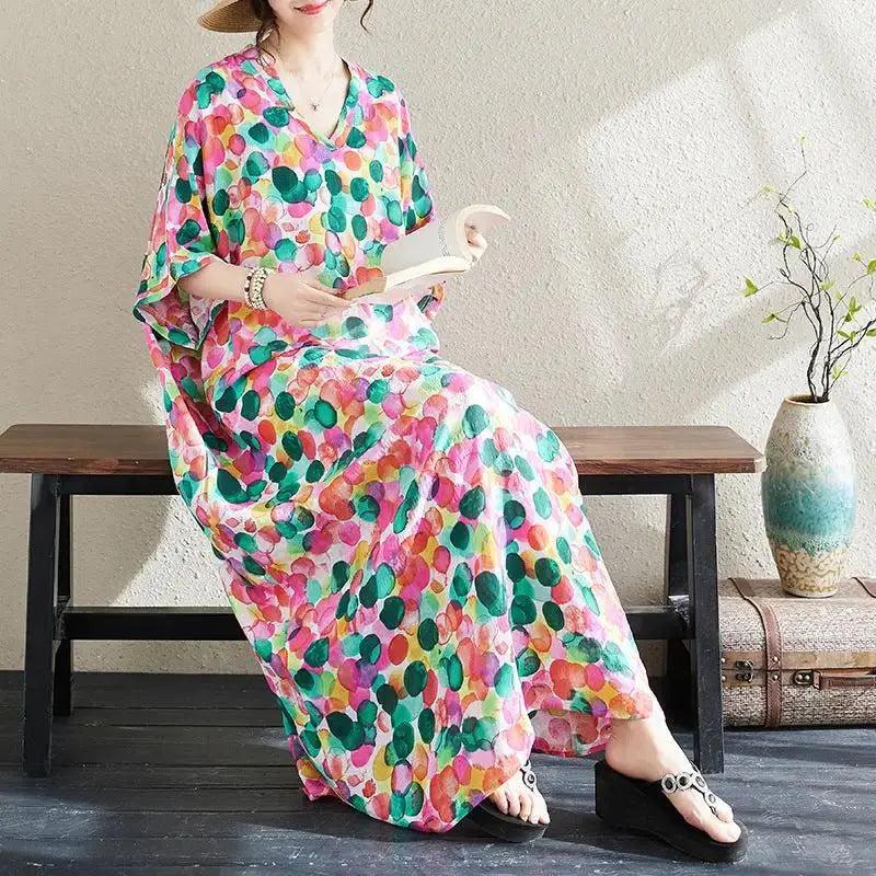 Bohemian Women's Dresses Vintage Printed V-Neck Dresses by Thebesttailor