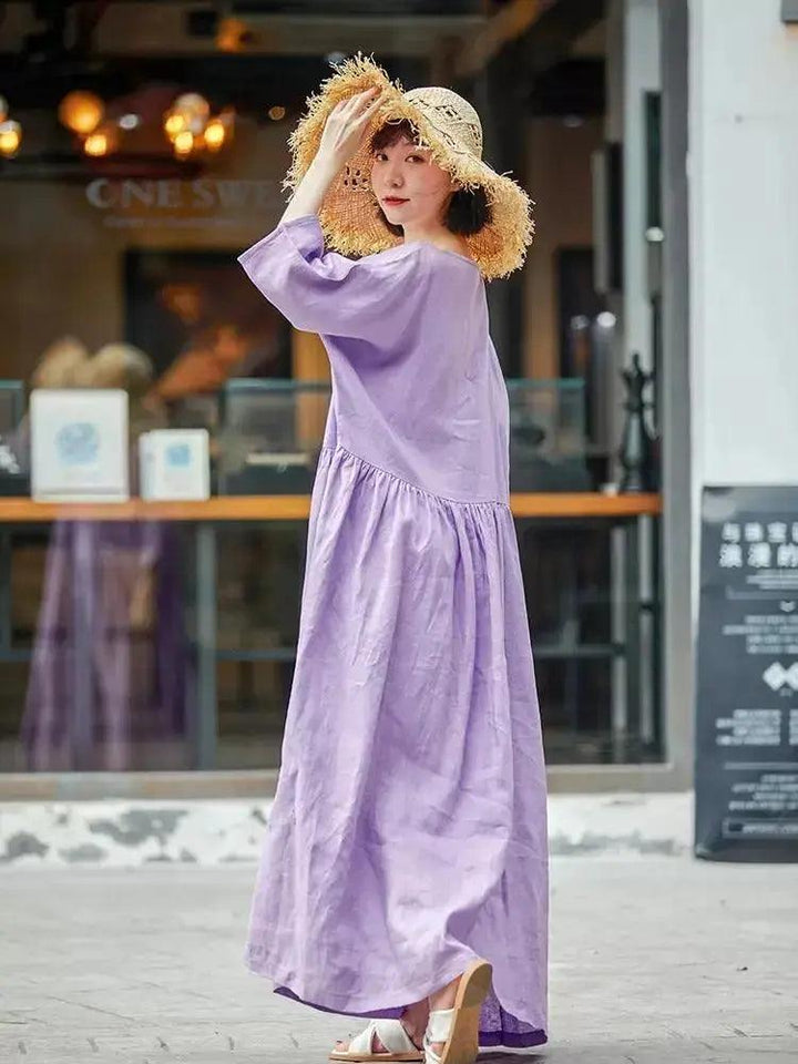 Purple Maxi Dress for Women Purple Linen Dress with Batwing Sleeves-Women's dress-Thebesttailor-Thebesttailor